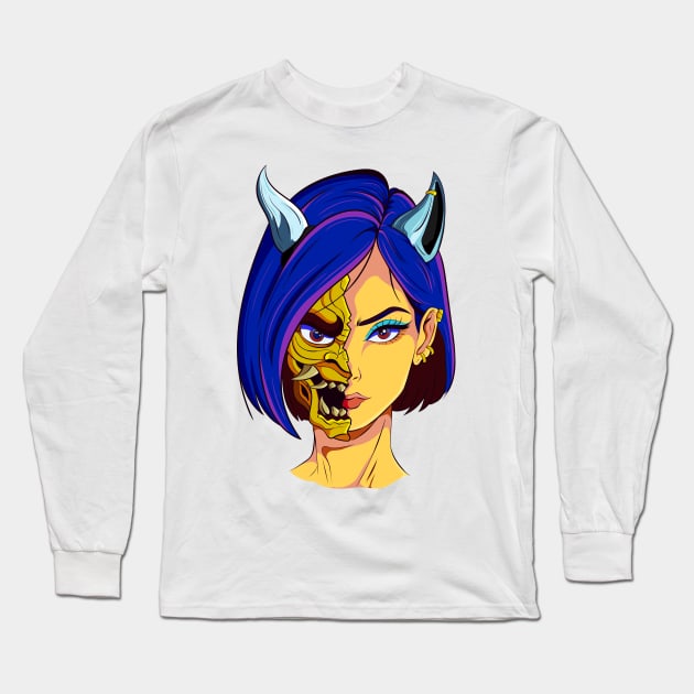 The Oni Masked Beauty - Japanese vector art - Long Sleeve T-Shirt by Yabisan_art